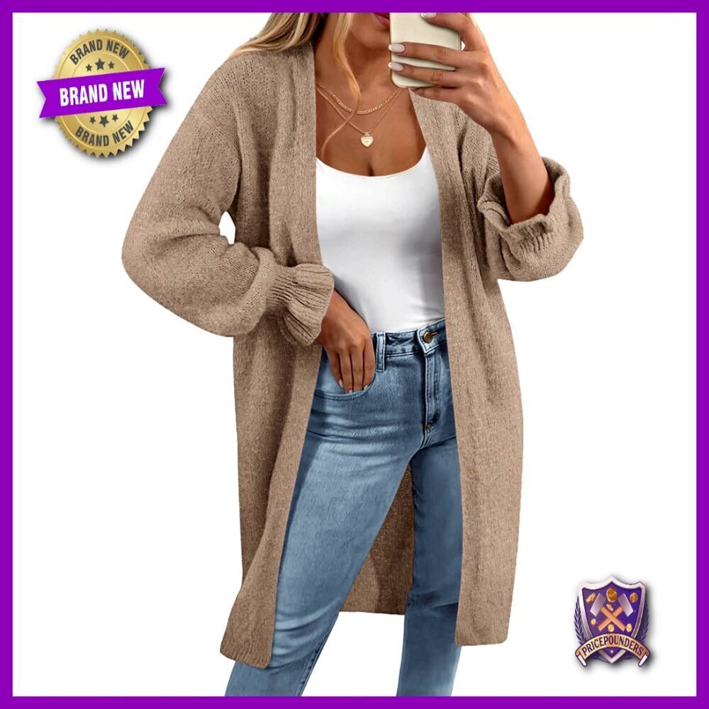 Oversized Chunky Knit Cardigan, Drop Shoulder, Ruffle Cuffs, Knee Length